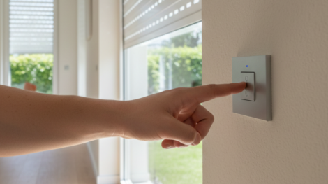 شخص يستخدم مفتاح تحكم ذكي لتشغيل أباجورات النوافذ، حيث تختلف أسعار الشتر للنوافذ بناءً على نوع المحرك ونظام التحكم المستخدم