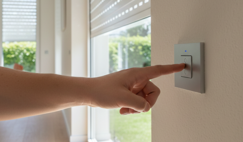 شخص يستخدم مفتاح تحكم ذكي لتشغيل أباجورات النوافذ، حيث تختلف أسعار الشتر للنوافذ بناءً على نوع المحرك ونظام التحكم المستخدم