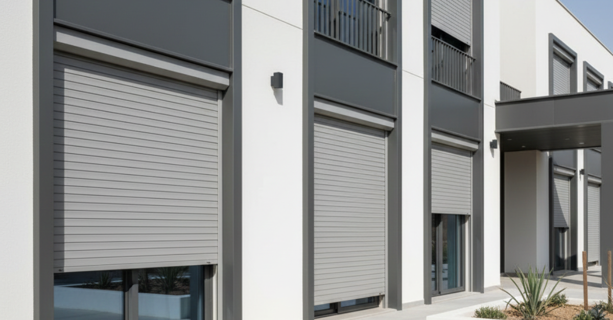 واجهة مبنى حديثة مزودة بنوافذ شتر ألمنيوم رمادي، تعرف على أفضل أسعار الشترات وجودة التركيب مع شتر مكين.
