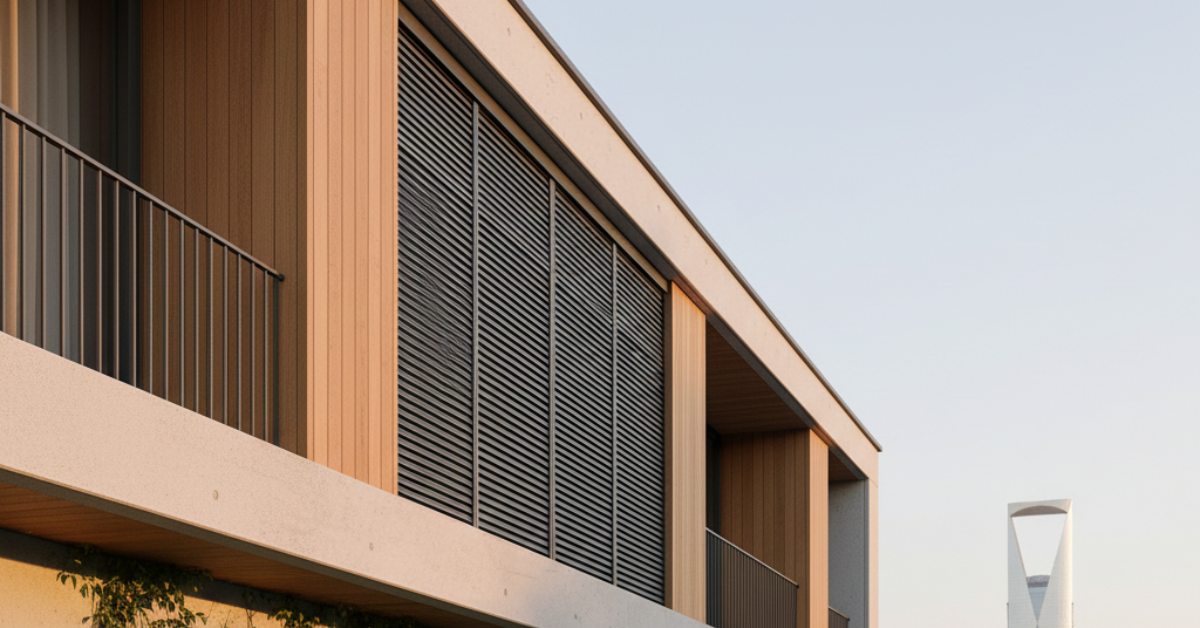 واجهة مبنى عصري تضم نوافذ شتر الرياض باللون الرمادي الغامق، مدمجة مع أسطح خشبية وإطلالة خلفية على برج المملكة بمدينة الرياض