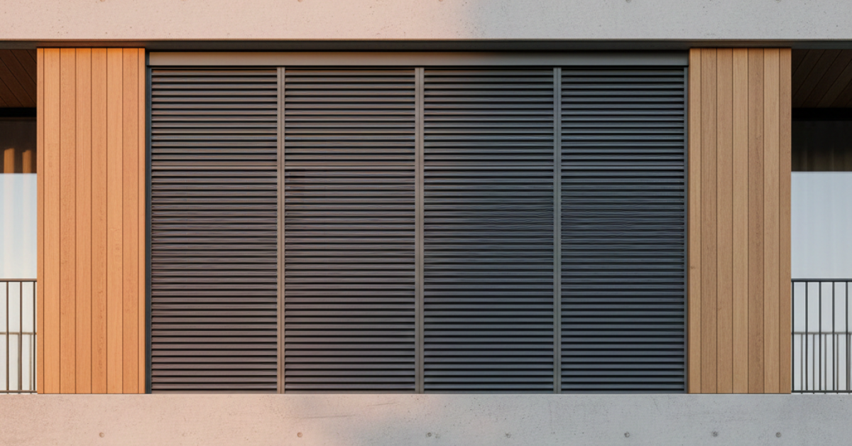 تركيب نوافذ شتر الرياض أوتوماتيكية بتصميم عريض مقسم إلى أربعة أجزاء، تتناغم مع الديكور الخارجي الخشبي والخرساني للمنازل الحديثة