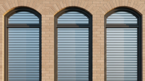 تصميم كلاسيكي لثلاث نوافذ شتر الرياض مقوسة من الأعلى، مركبة على جدار من الطوب البيج، توفر خصوصية وحماية تامة للمنزل