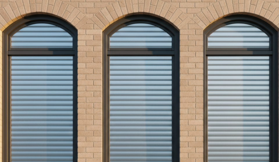 تصميم كلاسيكي لثلاث نوافذ شتر الرياض مقوسة من الأعلى، مركبة على جدار من الطوب البيج، توفر خصوصية وحماية تامة للمنزل