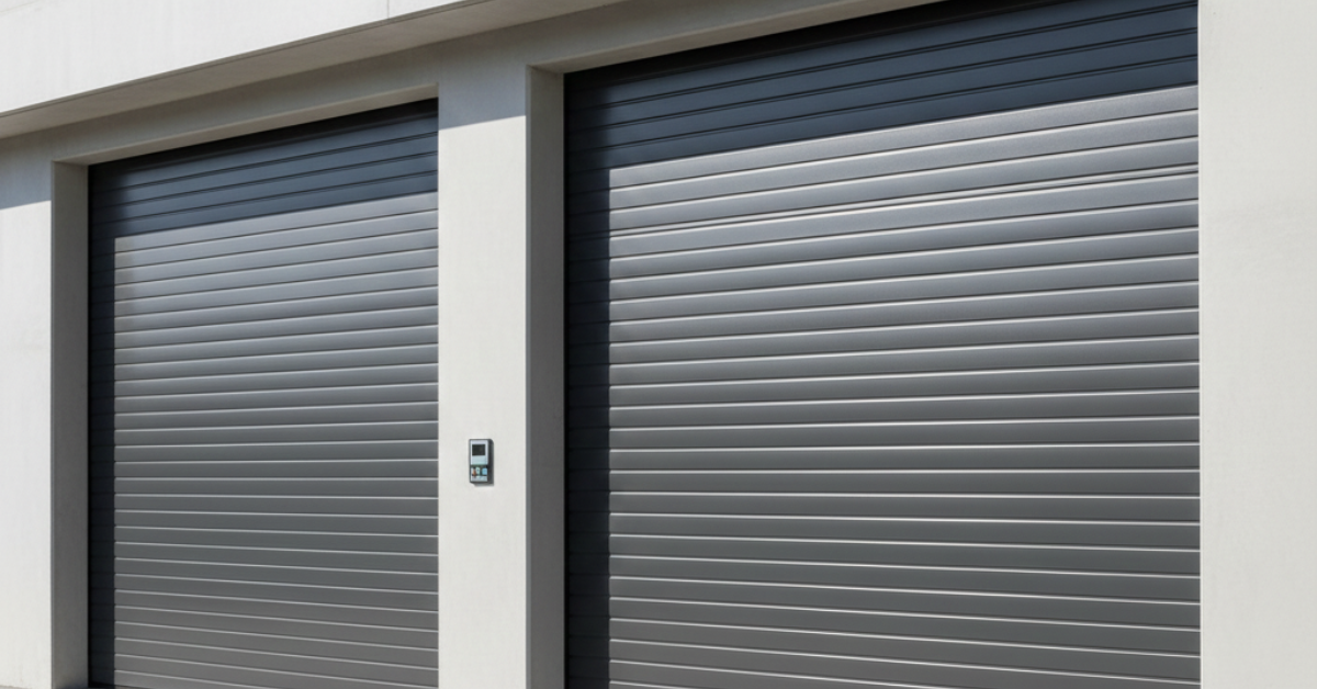 زوج من أبواب شتر ألمنيوم أوتوماتيكية باللون الرمادي المطفأ لكراج سيارات، مصممة بمواد متينة ومظهر خارجي انسيابي