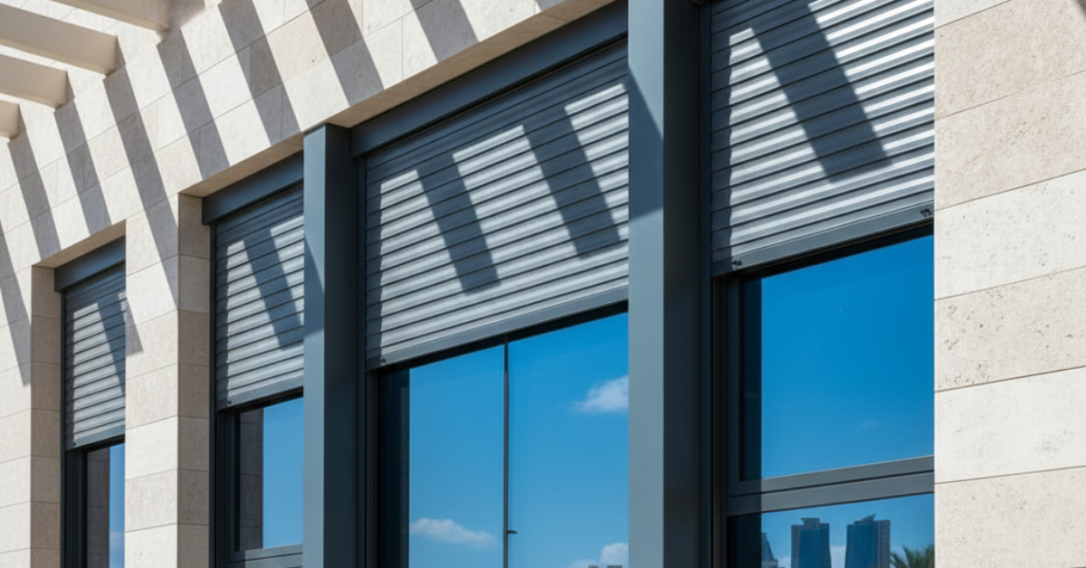 تصميم عصري لواحد من أبواب شتر ألمنيوم باللون الفضي اللامع مثبت على جدار من الطوب، يجمع بين الأناقة والحماية للمداخل