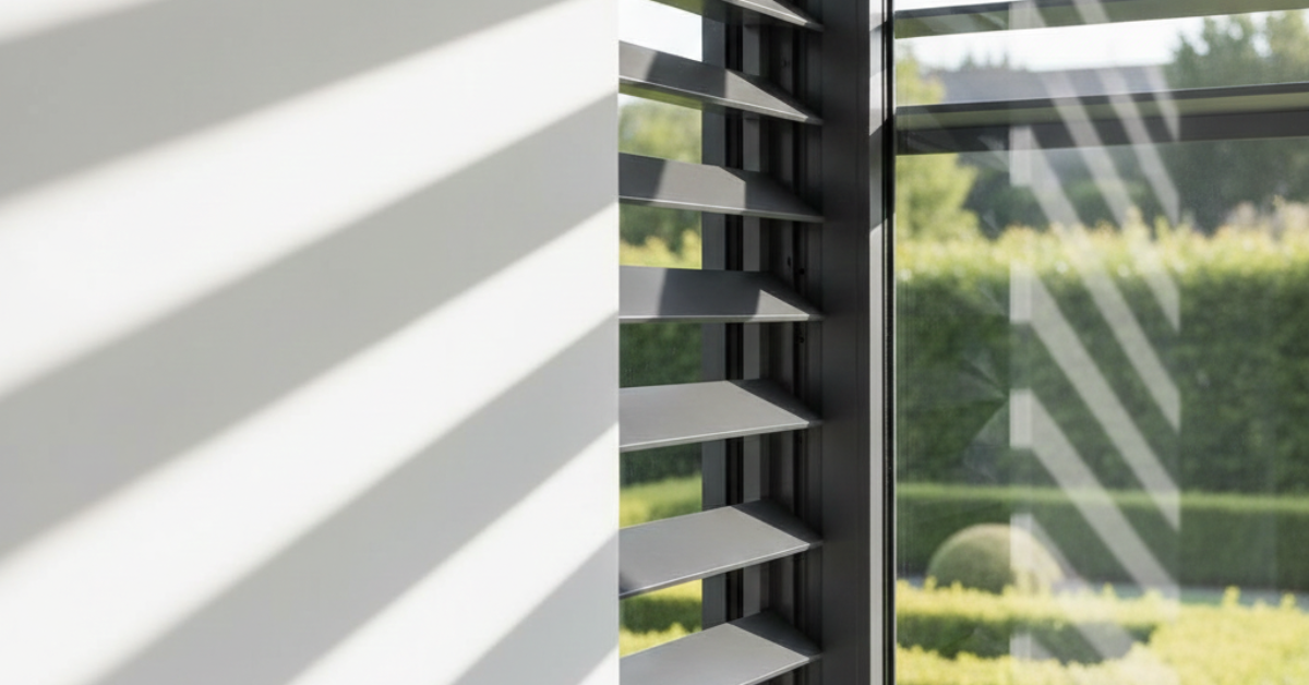 لقطة قريبة توضح جودة شفرات نوافذ شتر الرياض وتأثير الظل والضوء الناتج عنها، مما يساعد في عزل الحرارة والتحكم في الإضاءة الطبيعية