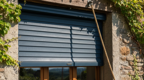 نافذة منزل ريفية بتركيب الشتر اليدوي الخارجي بلون أزرق داكن وسط جدران حجرية ونباتات متسلقة