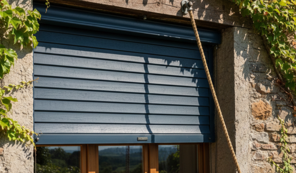 نافذة منزل ريفية بتركيب الشتر اليدوي الخارجي بلون أزرق داكن وسط جدران حجرية ونباتات متسلقة