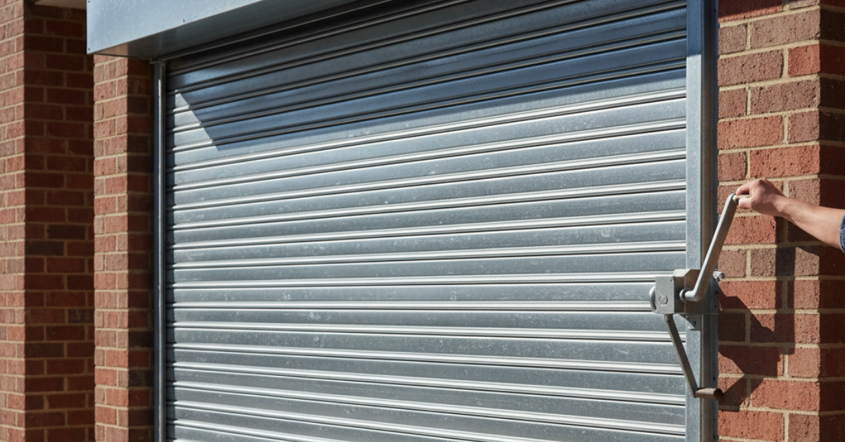 واجهة محل أو كراج بجدار مثبت عليها شتر يدوي خارجي متين يعمل بمقبض تدوير جانبي