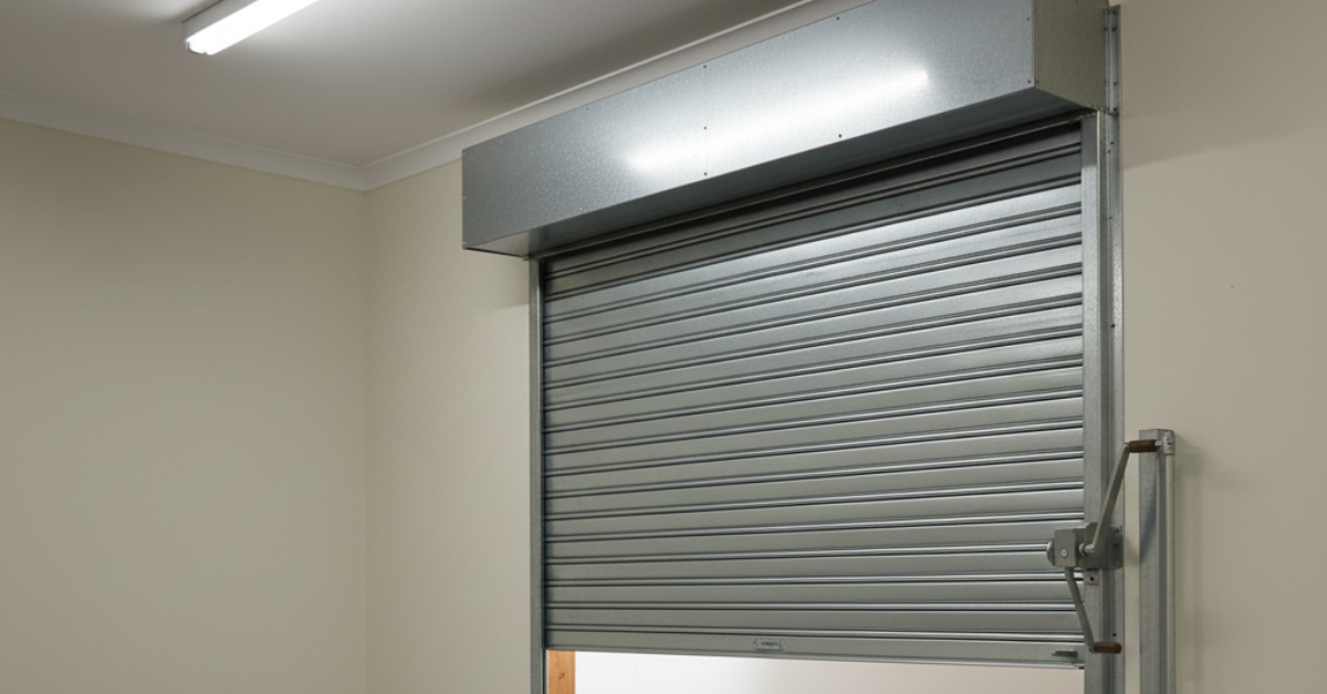 منظر داخلي يوضح صندوق تجميع الشتر اليدوي الخارجي مع ذراع التدوير المعدنية المثبتة على الجانب