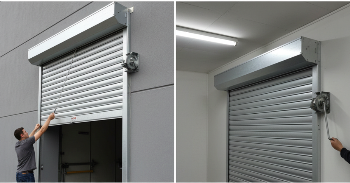 آلية تشغيل شتر يدوي خارجي توضح التروس والسلسلة المعدنية المستخدمة لفتح وإغلاق البوابة يدوياً