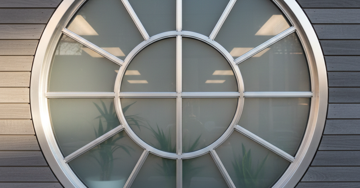 شباك دائري بتصميم كلاسيكي فريد يمثل أفضل أنواع الشبابيك الزخرفية التي تضيف لمسة جمالية وفنية لواجهات المنازل الخشبية