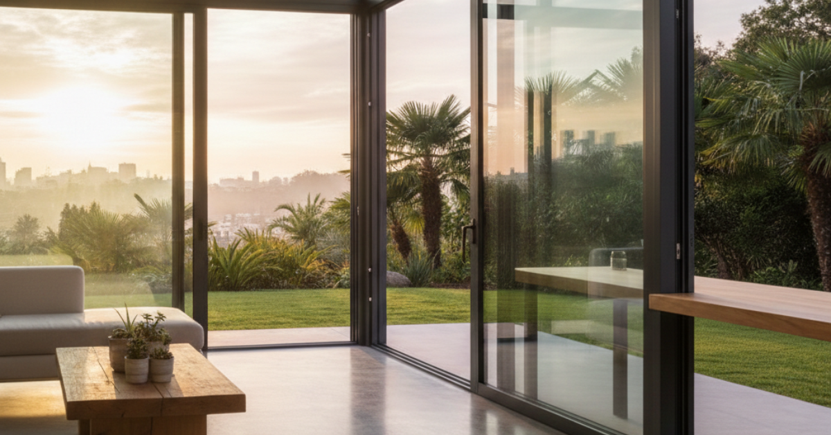 نظام حماية خارجي وشيش حصيرة معدني يغطي أفضل أنواع الشبابيك الحديثة للتحكم في الضوء والخصوصية في التصاميم المعمارية المعاصرة