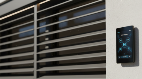 لقطة قريبة لشاشة تحكم متطورة مثبتة بجانب نوافذ ذات شفرات تظليل، تبرز واجهة التشغيل الرقمية التي تعتمد عليها أنظمة البيوت الذكية في التحكم بالخصوصية والإضاءة الطبيعية