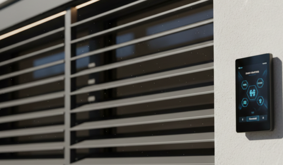 لقطة قريبة لشاشة تحكم متطورة مثبتة بجانب نوافذ ذات شفرات تظليل، تبرز واجهة التشغيل الرقمية التي تعتمد عليها أنظمة البيوت الذكية في التحكم بالخصوصية والإضاءة الطبيعية