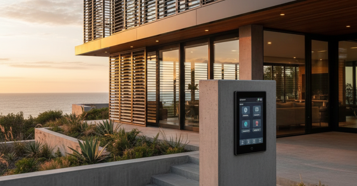 شاشة لمس رقمية مثبتة على عمود خرساني في مدخل فيلا فاخرة، تعرض واجهة المستخدم الخاصة بـ أنظمة البيوت الذكية لإدارة الإضاءة والأمن والبيئة المنزلية عند الغروب