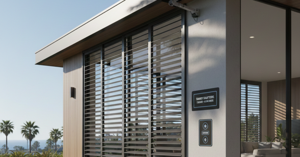 واجهة منزل عصري توضح أنظمة البيوت الذكية للتحكم في النوافذ والشيش الحصير (Shutters) عبر لوحة تحكم مثبتة على الحائط الخارجي، تطل على منظر ساحلي