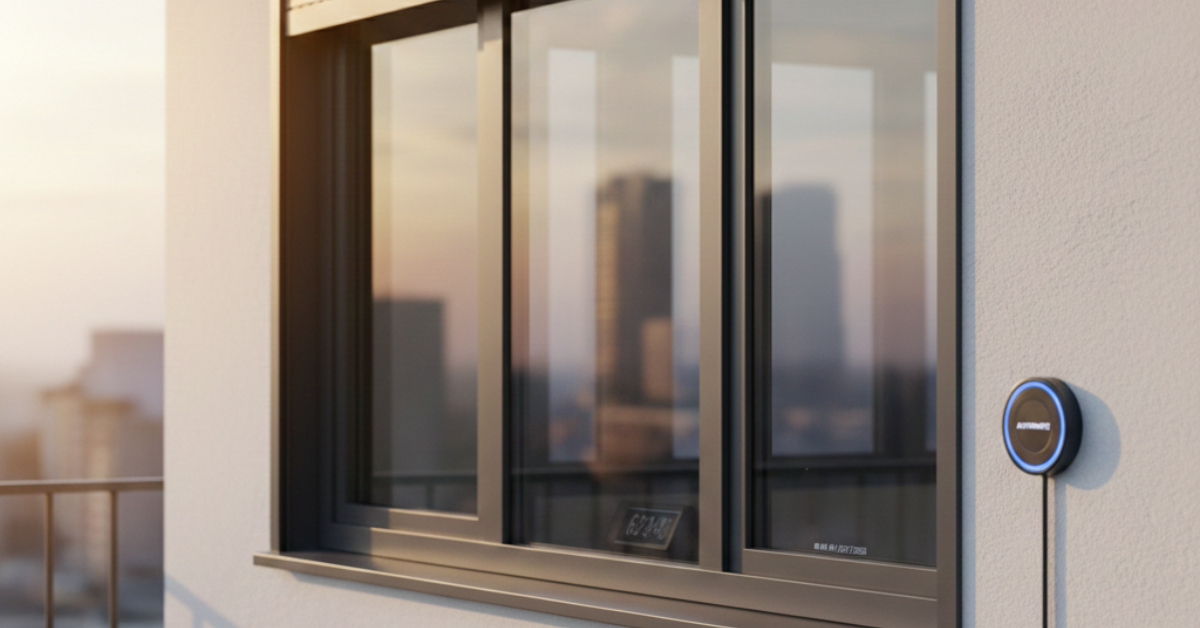 جهاز استشعار دائري ذكي مثبت بجانب نافذة زجاجية كبيرة في شقة سكنية، يمثل أحد المكونات الأساسية في أنظمة البيوت الذكية لتنظيم درجة الحرارة وتوفير الطاقة