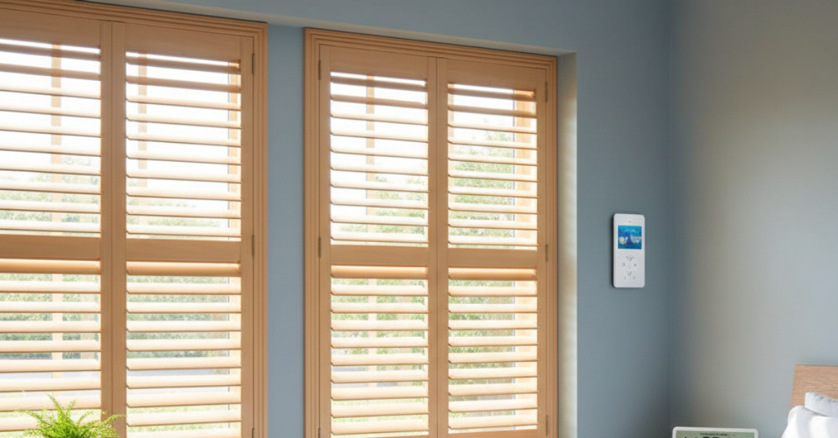 نافذة منزلية أنيقة تبرز سهولة تركيب الشتر بدون تأسيس مسبق، حيث يظهر الشتر الخشبي بتصميم "لوفر" مدمج مع نظام تحكم ذكي على الحائط.