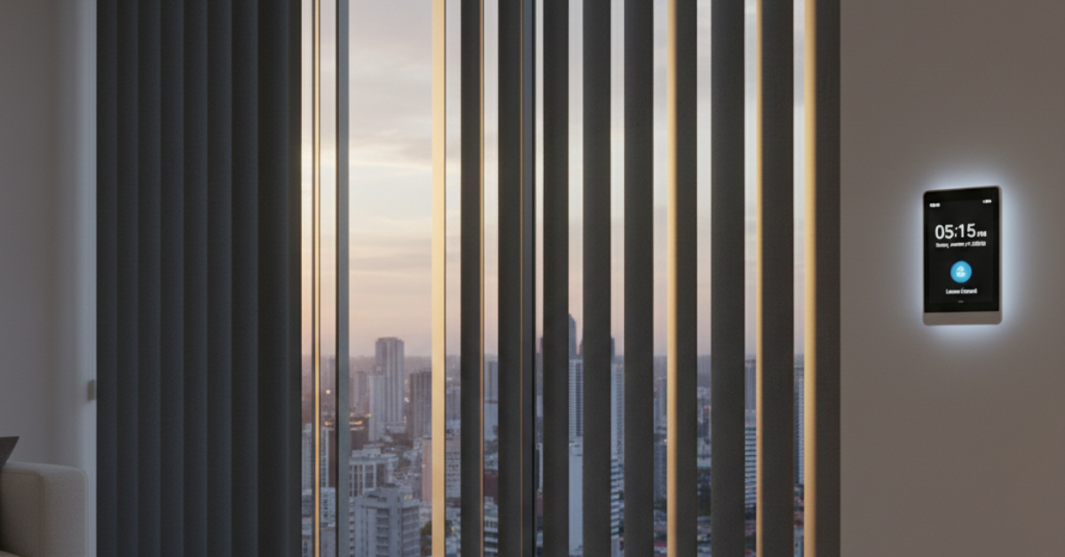 حلول عصرية لـ تركيب الشتر بدون تأسيس في الشقق المرتفعة، شتر طولي رمادي اللون يوفر الخصوصية مع شاشة تحكم رقمية مثبتة بجانبه.