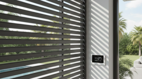 تصميم داخلي يظهر تركيب الشتر بدون تأسيس خلف النوافذ الكبيرة، مع شرائح سوداء تسمح بدخول الضوء بشكل فني ونظام سمارت هوم للتحكم عن بُعد.