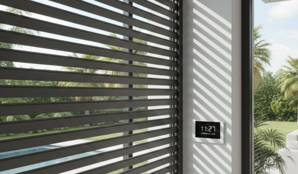 تصميم داخلي يظهر تركيب الشتر بدون تأسيس خلف النوافذ الكبيرة، مع شرائح سوداء تسمح بدخول الضوء بشكل فني ونظام سمارت هوم للتحكم عن بُعد.