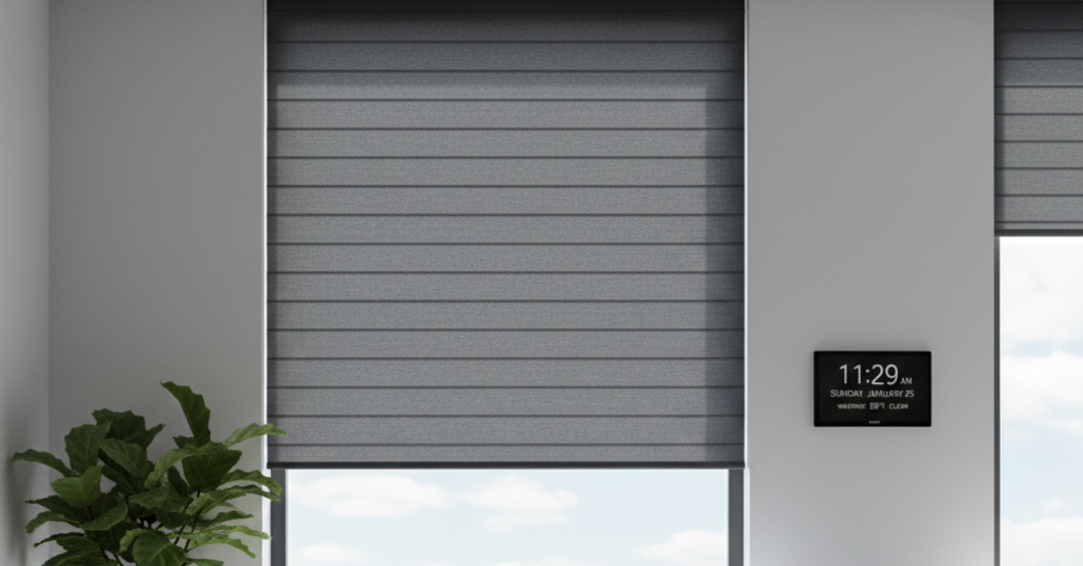 نافذة مودرن توضح إمكانية تركيب الشتر بدون تأسيس إنشائي، يظهر فيها شتر رول (Roller Shutter) رمادي مغلق جزئياً مع لوحة تحكم ذكية تعمل باللمس.