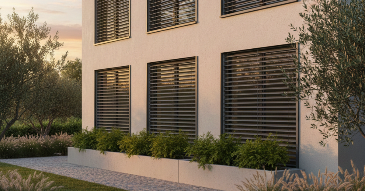 تصميم خارجي أنيق يوضح تركيب شتر نوافذ باللون الأسود بنظام الشرائح الأفقية الذي يجمع بين الحماية والمظهر الجمالي المودرن