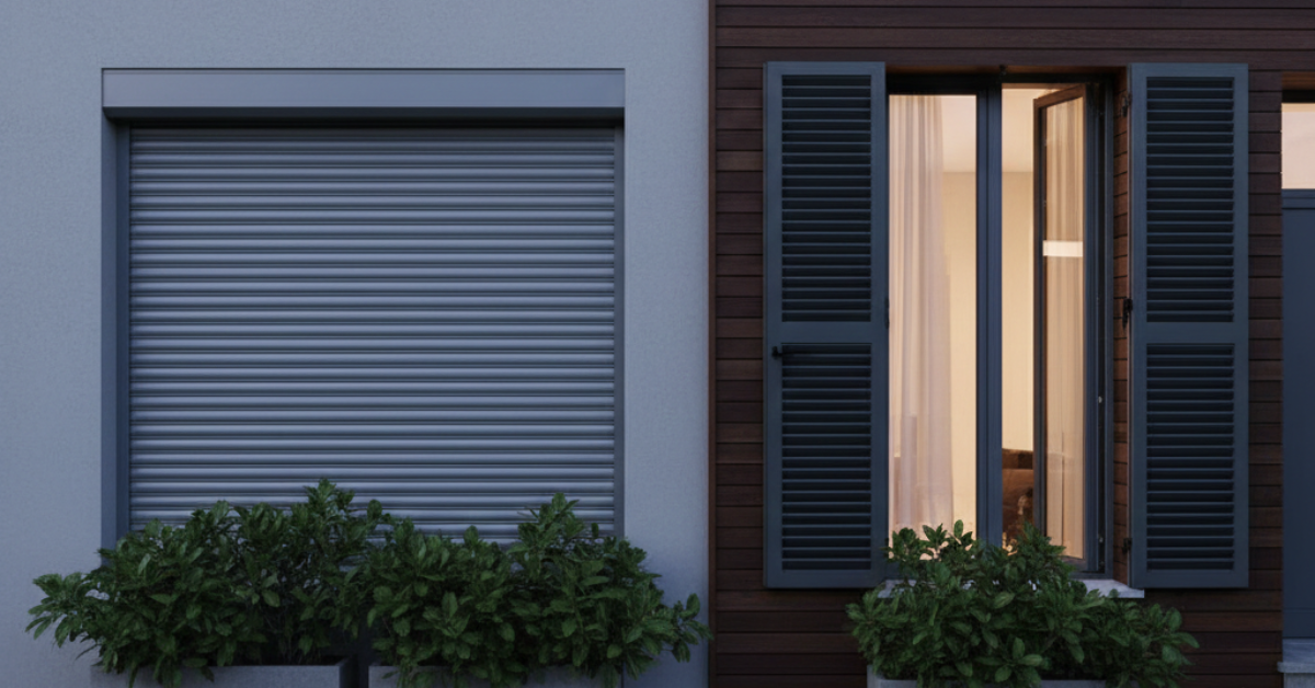 خيارات متنوعة عند تركيب شتر نوافذ تشمل الشتر الرول الرمادي الأوتوماتيكي والشتر الخشبي الكلاسيكي القابل للطي لحماية النوافذ