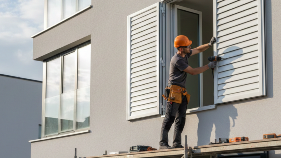 فني مختص يقوم بعملية تركيب شتر نوافذ أبيض خارجي بدقة عالية لضمان عزل الصوت والحرارة وحماية المنزل