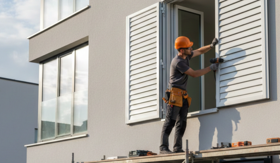 فني مختص يقوم بعملية تركيب شتر نوافذ أبيض خارجي بدقة عالية لضمان عزل الصوت والحرارة وحماية المنزل