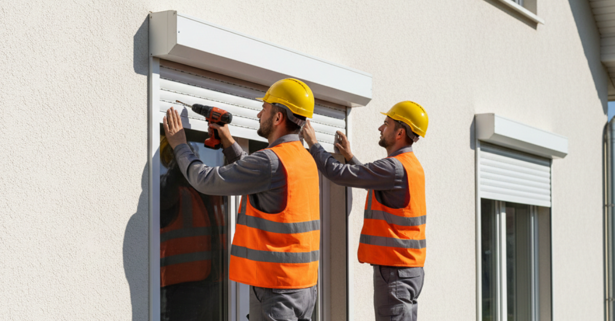 فريق عمل يتعاون في تركيب شتر نوافذ خارجي أبيض لضمان التثبيت الصحيح والمحاذاة الدقيقة للصندوق الخارجي فوق النافذة