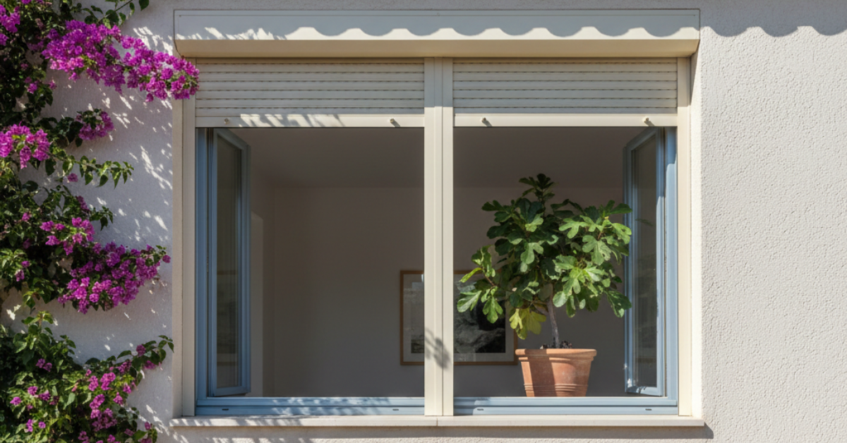 الشكل النهائي بعد تركيب شتر نوافذ خارجي بتصميم أنيق يسمح بالتحكم في الإضاءة والخصوصية، مدمج بشكل جمالي مع واجهة المنزل المزينة بالزهو