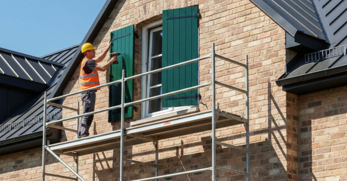عامل بناء يقف على سقالة معدنية أثناء تركيب شتر نوافذ خارجي خشبي كلاسيكي باللون الأخضر على واجهة منزل من الطوب المنقوش