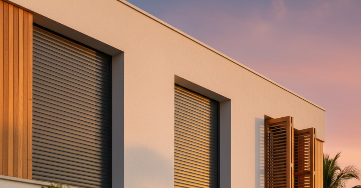 واجهة منزل حديثة تجمع بين شتر الرول الرمادي واللوفر الخشبي، حيث يختلف سعر متر الشتر بناءً على نوع آلية التحكم اليدوية أو الكهربائية.