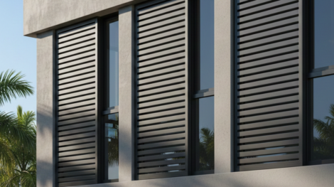 نوافذ بتصميم مودرن مزودة بأنظمة شتر خارجية باللون الأسود، تساهم جودة الخامات في تحديد سعر متر الشتر ومستوى العزل الحراري للمبنى.