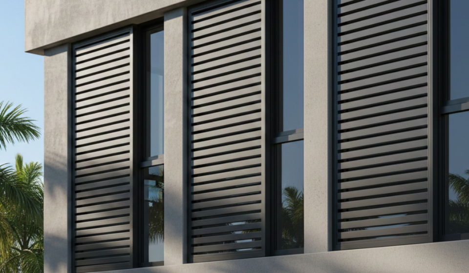 نوافذ بتصميم مودرن مزودة بأنظمة شتر خارجية باللون الأسود، تساهم جودة الخامات في تحديد سعر متر الشتر ومستوى العزل الحراري للمبنى.