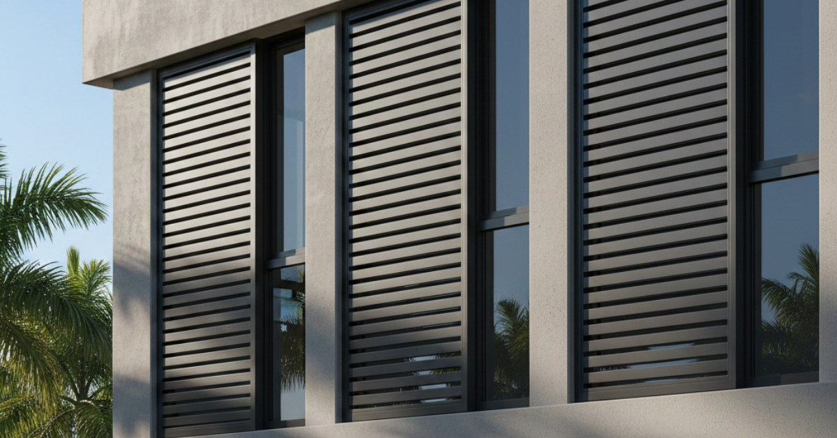 نوافذ بتصميم مودرن مزودة بأنظمة شتر خارجية باللون الأسود، تساهم جودة الخامات في تحديد سعر متر الشتر ومستوى العزل الحراري للمبنى.