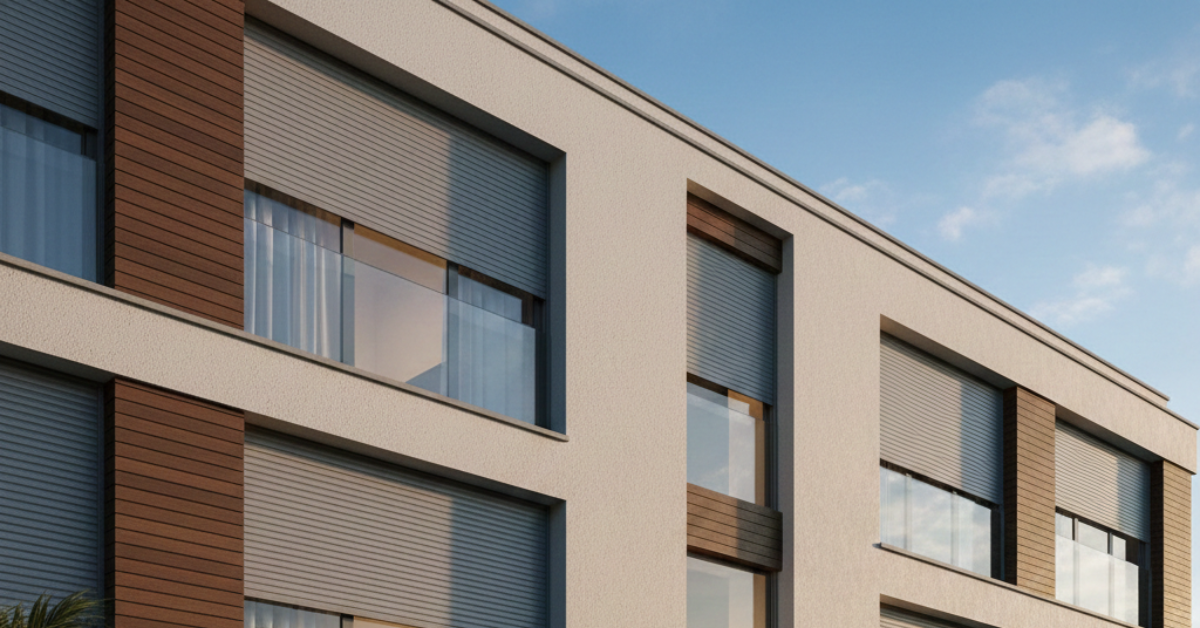 واجهة مبنى سكني مودرن تظهر فيها شبابيك شتر رول باللون الرمادي الفاتح، مدمجة بتصميم عصري مع ألواح خشبية وجدران بيضاء