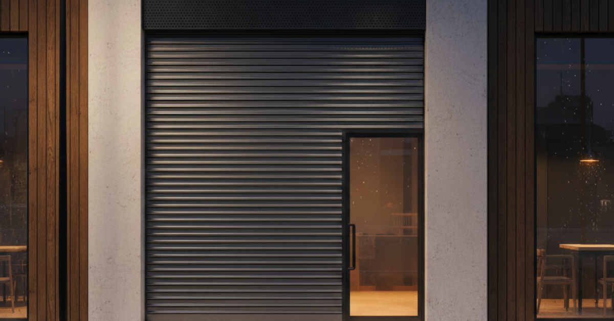 "بوابة محل تجاري أو مطعم تستخدم شبابيك شتر رول معدنية واسعة باللون الأسود، مع باب زجاجي جانبي وإضاءة داخلية دافئة