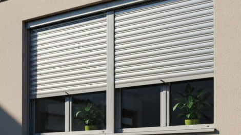 شتر شباك خارجي أبيض بتصميم انسيابي لنوافذ مزدوجة، يساعد في التحكم بالإضاءة الطبيعية وتوفير الخصوصية التامة للغرف