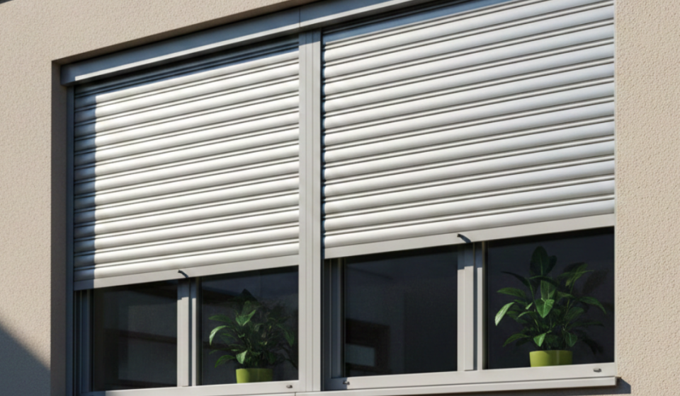 شتر شباك خارجي أبيض بتصميم انسيابي لنوافذ مزدوجة، يساعد في التحكم بالإضاءة الطبيعية وتوفير الخصوصية التامة للغرف