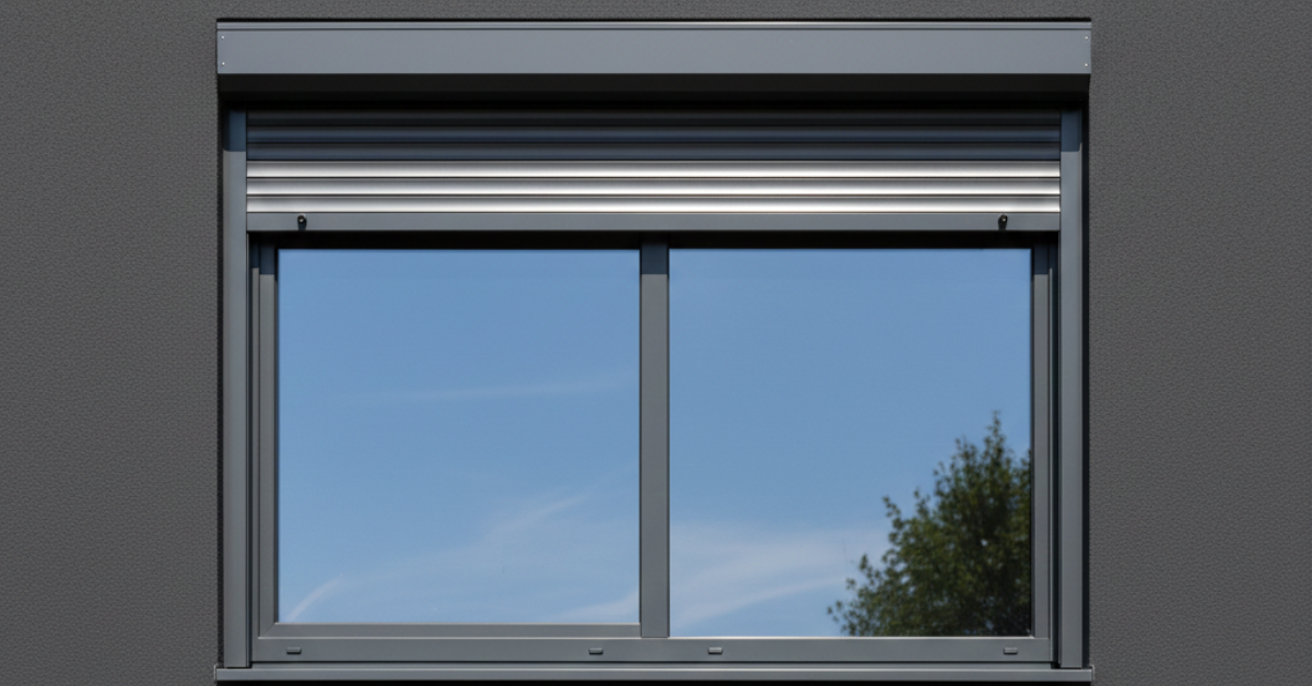تركيب شتر شباك خارجي مودرن باللون الرمادي الغامق مدمج مع نافذة ألمنيوم كبيرة، يوفر العزل الحراري والأمان للمنازل الحديثة