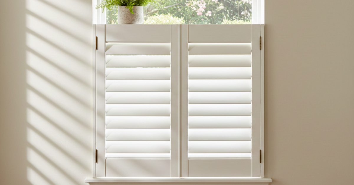 تركيب شتر شباك داخلي باللون الأبيض يغطي النصف السفلي من النافذة، مما يسمح بدخول الضوء الطبيعي مع الحفاظ على الخصوصية في غرف الجلوس