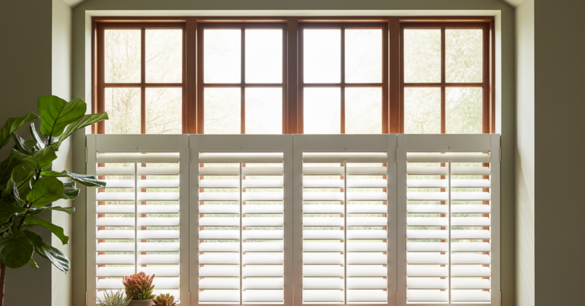 تركيب شتر شباك داخلي باللون الأبيض يغطي النصف السفلي من النافذة، مما يسمح بدخول الضوء الطبيعي مع الحفاظ على الخصوصية في غرف الجلوس