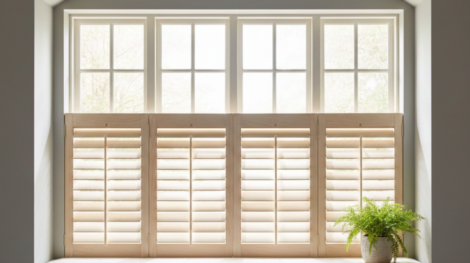 تصميم مودرن لـ شتر شباك داخلي مصنوع من الخشب الطبيعي الفاتح، يتميز بشفرات قابلة للتعديل للتحكم في الإضاءة والتهوية داخل المنزل