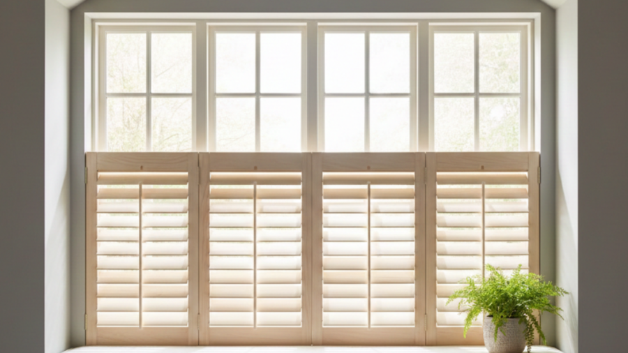 تصميم مودرن لـ شتر شباك داخلي مصنوع من الخشب الطبيعي الفاتح، يتميز بشفرات قابلة للتعديل للتحكم في الإضاءة والتهوية داخل المنزل