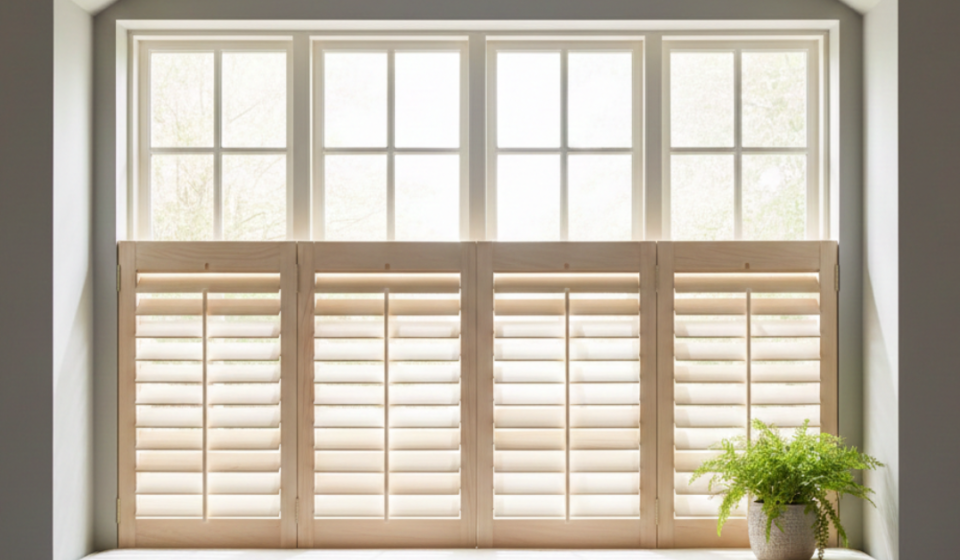 تصميم مودرن لـ شتر شباك داخلي مصنوع من الخشب الطبيعي الفاتح، يتميز بشفرات قابلة للتعديل للتحكم في الإضاءة والتهوية داخل المنزل