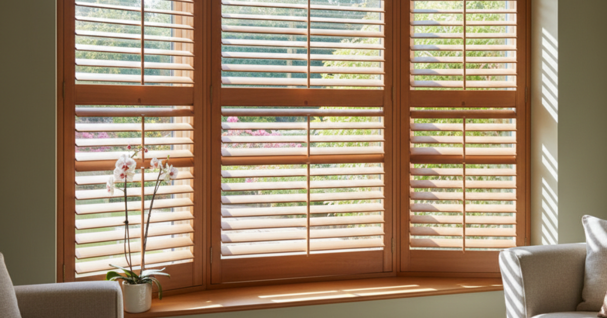 ديكور غرفة معيشة يظهر فيه شتر شباك داخلي خشبي بتصميم كلاسيكي دافئ، يغطي النوافذ بالكامل ويوفر عزلاً حرارياً وجمالياً للمكان