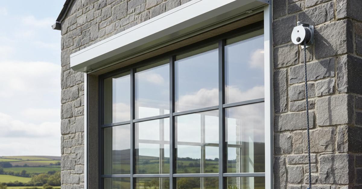 نظام شتر شباك يدوي خارجي مثبت على واجهة حجرية، يوضح آلية التشغيل اليدوية باستخدام البكرة والحبل للتحكم في فتح وإغلاق النافذة